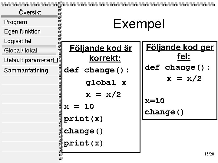 Översikt Program Egen funktion Logiskt fel Global/ lokal Default parameter� Sammanfattning Exempel Följande kod