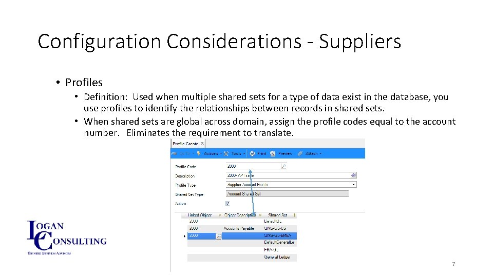 Configuration Considerations - Suppliers • Profiles • Definition: Used when multiple shared sets for