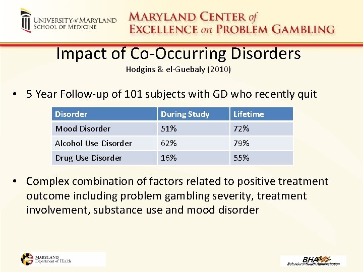 Impact of Co-Occurring Disorders Hodgins & el-Guebaly (2010) • 5 Year Follow-up of 101