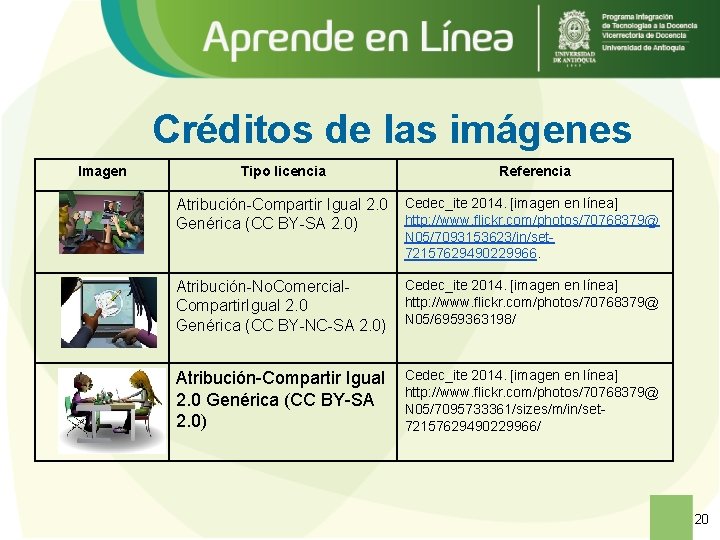 Créditos de las imágenes Imagen Tipo licencia Referencia Atribución-Compartir Igual 2. 0 Cedec_ite 2014.