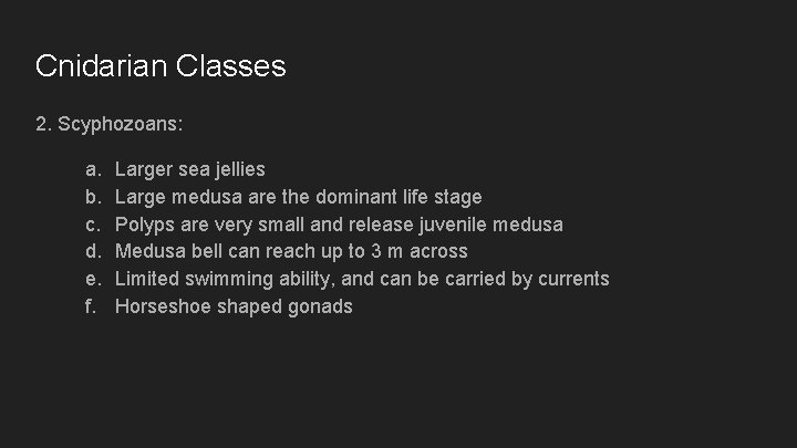 Cnidarian Classes 2. Scyphozoans: a. b. c. d. e. f. Larger sea jellies Large