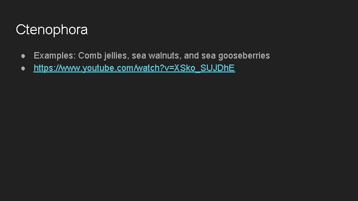 Ctenophora ● Examples: Comb jellies, sea walnuts, and sea gooseberries ● https: //www. youtube.