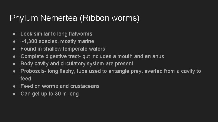 Phylum Nemertea (Ribbon worms) ● ● ● Look similar to long flatworms ~1, 300