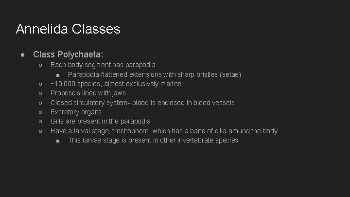 Annelida Classes ● Class Polychaeta: ○ ○ ○ ○ Each body segment has parapodia