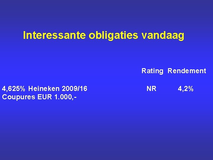 Interessante obligaties vandaag Rating Rendement 4, 625% Heineken 2009/16 Coupures EUR 1. 000, -