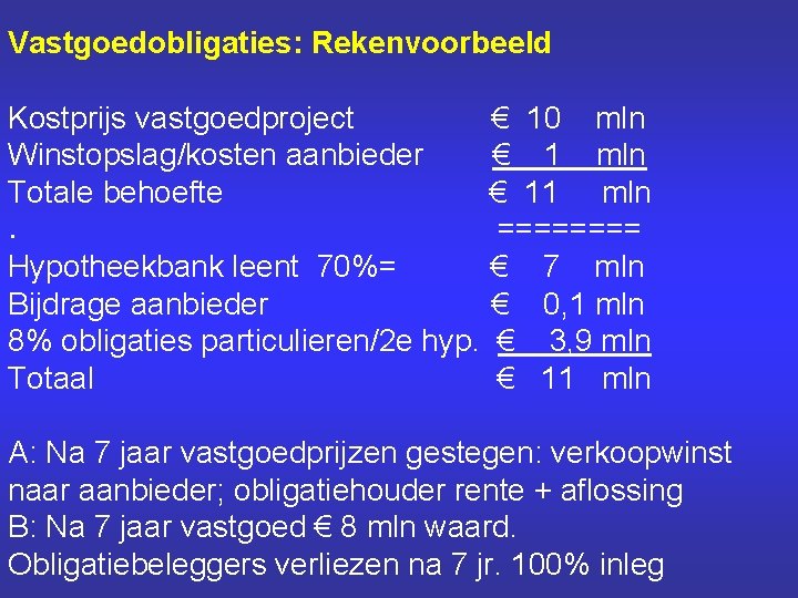 Vastgoedobligaties: Rekenvoorbeeld Kostprijs vastgoedproject Winstopslag/kosten aanbieder Totale behoefte € 10 mln € 11 mln.