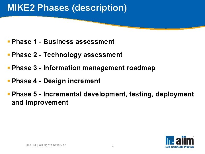 MIKE 2 Phases (description) § Phase 1 - Business assessment § Phase 2 -