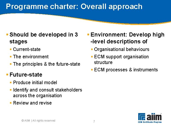 Programme charter: Overall approach § Should be developed in 3 stages § Environment: Develop