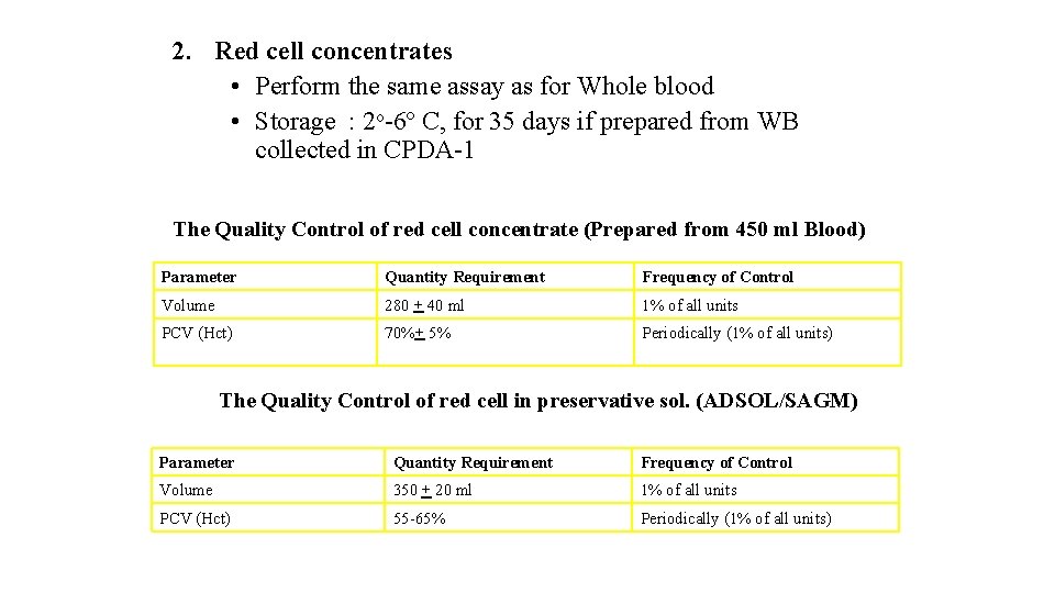2. Red cell concentrates • Perform the same assay as for Whole blood •