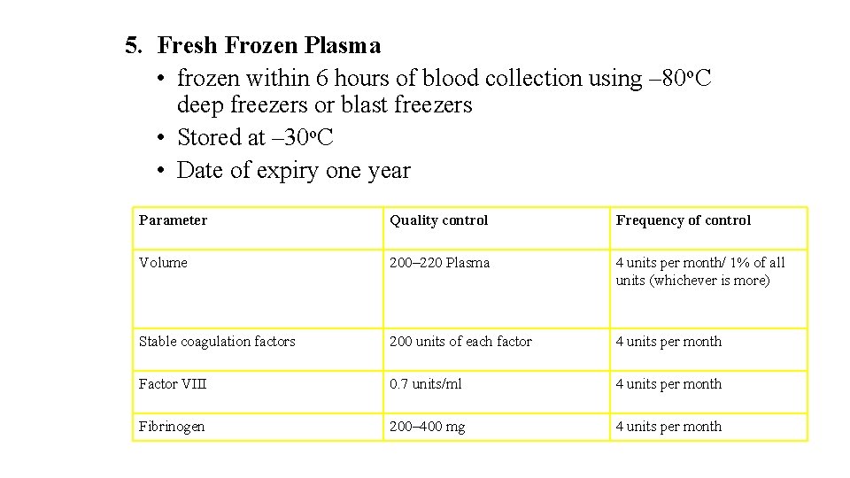 5. Fresh Frozen Plasma • frozen within 6 hours of blood collection using –