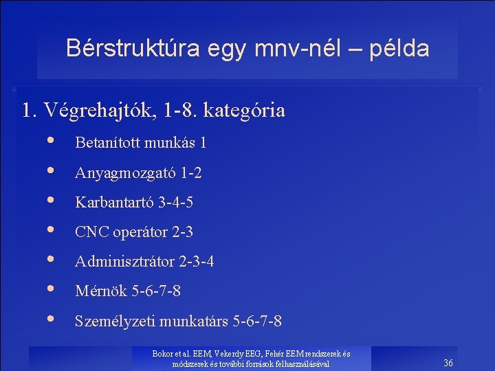 Bérstruktúra egy mnv-nél – példa 1. Végrehajtók, 1 -8. kategória • • Betanított munkás