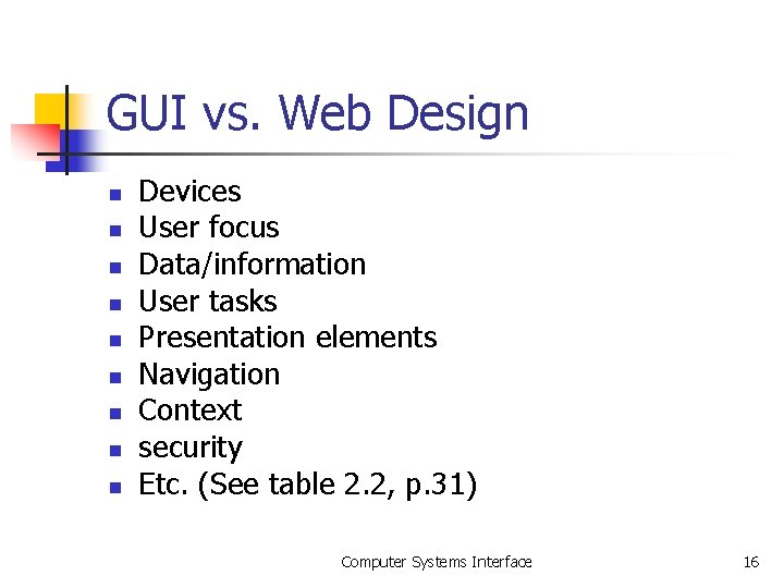 GUI vs. Web Design n n n n Devices User focus Data/information User tasks GUI vs. Web Design n n n n Devices User focus Data/information User tasks