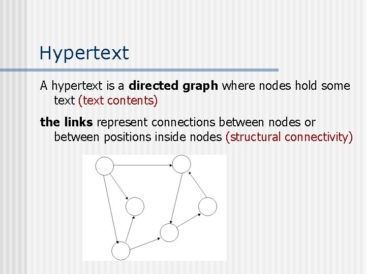 Hypertext A hypertext is a directed graph where nodes hold some text (text contents)