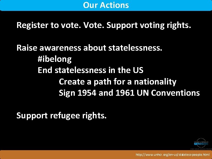 Our Actions Register to vote. Vote. Support voting rights. Raise awareness about statelessness. #ibelong