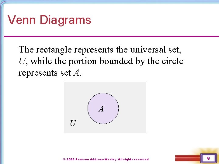 Venn Diagrams The rectangle represents the universal set, U, while the portion bounded by