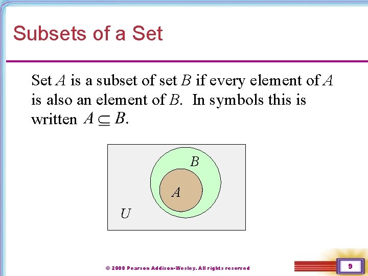 Subsets of a Set A is a subset of set B if every element