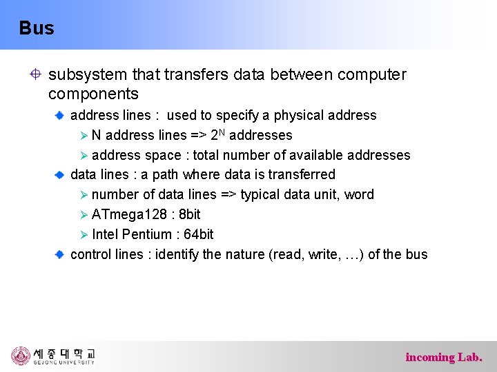 Bus subsystem that transfers data between computer components address lines : used to specify