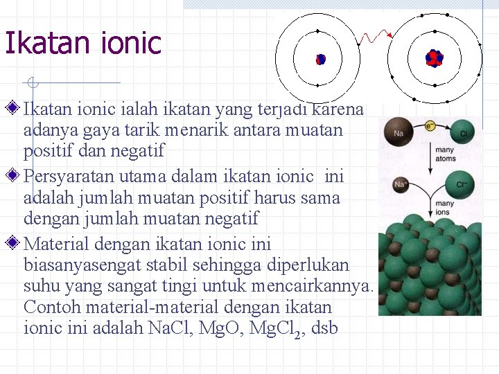 Ikatan ionic ialah ikatan yang terjadi karena adanya gaya tarik menarik antara muatan positif