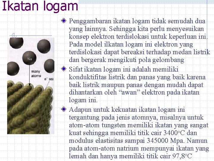 Ikatan logam Penggambaran ikatan logam tidak semudah dua yang lainnya. Sehingga kita perlu menyesuikan