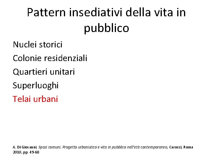 Pattern insediativi della vita in pubblico Nuclei storici Colonie residenziali Quartieri unitari Superluoghi Telai