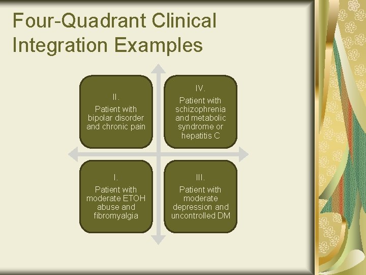 Four-Quadrant Clinical Integration Examples IV. II. Patient with bipolar disorder and chronic pain Patient