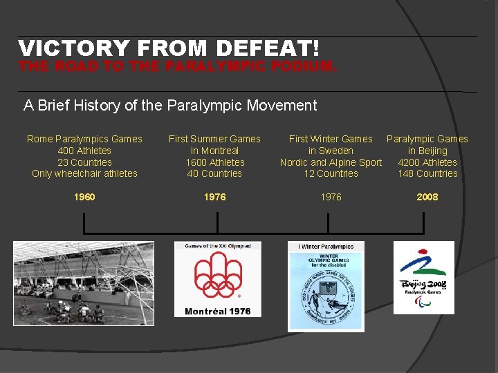 VICTORY FROM DEFEAT! THE ROAD TO THE PARALYMPIC PODIUM. A Brief History of the