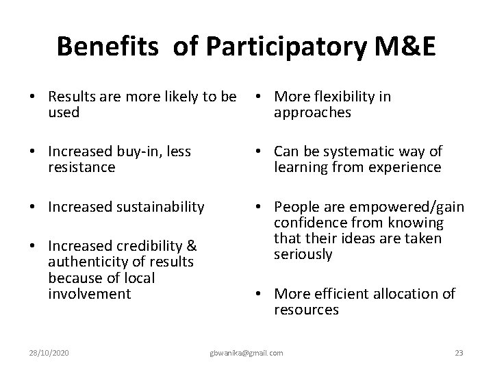 Benefits of Participatory M&E • Results are more likely to be used • More