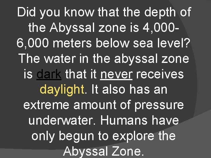Did you know that the depth of the Abyssal zone is 4, 0006, 000