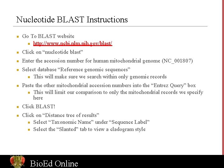 Nucleotide BLAST Instructions n Go To BLAST website n http: //www. ncbi. nlm. nih.