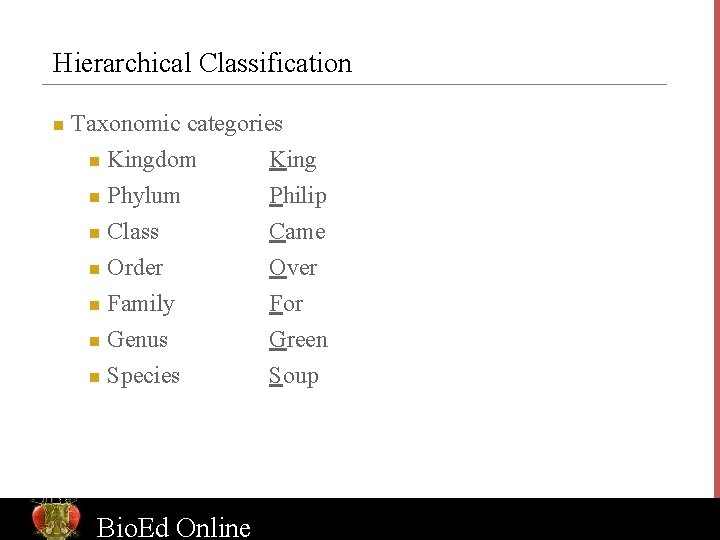Hierarchical Classification n Taxonomic categories Kingdom n Phylum n Class n Order n Family