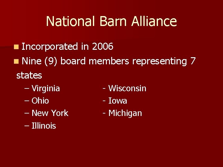 National Barn Alliance n Incorporated in 2006 n Nine (9) board members representing 7