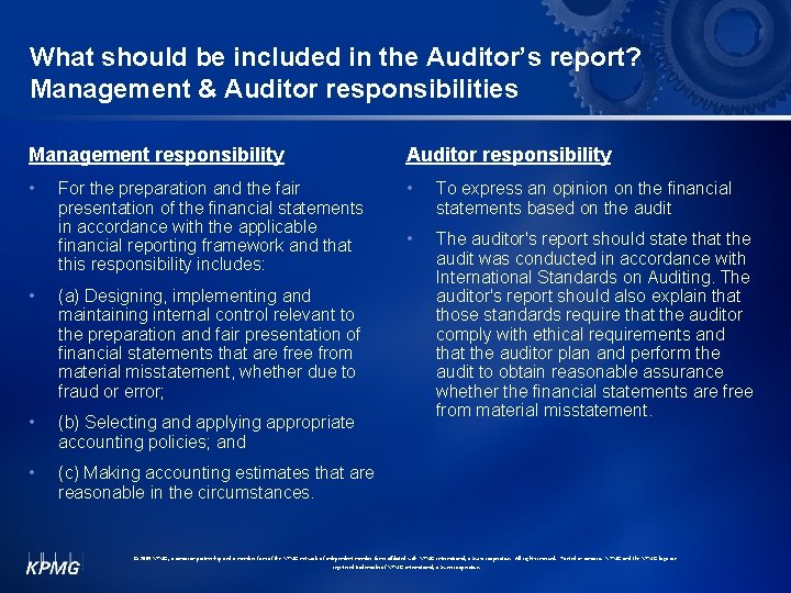 What should be included in the Auditor’s report? Management & Auditor responsibilities Management responsibility