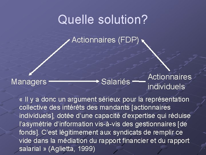 Quelle solution? Actionnaires (FDP) Managers Salariés Actionnaires individuels « Il y a donc un