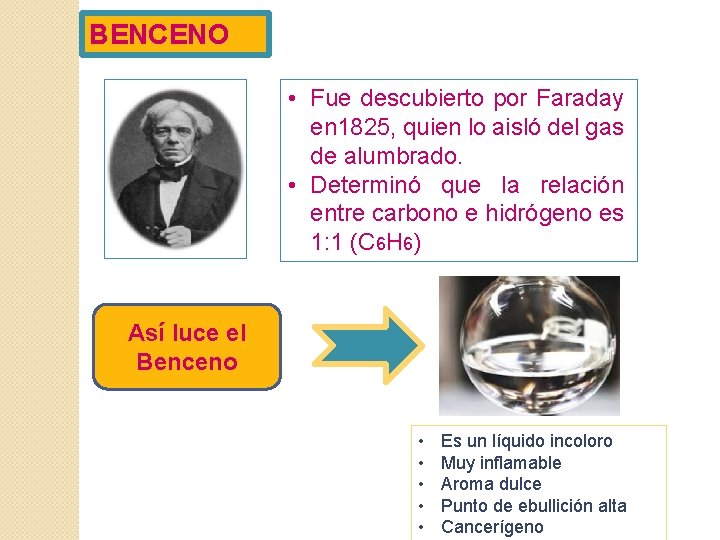 BENCENO • Fue descubierto por Faraday en 1825, quien lo aisló del gas de