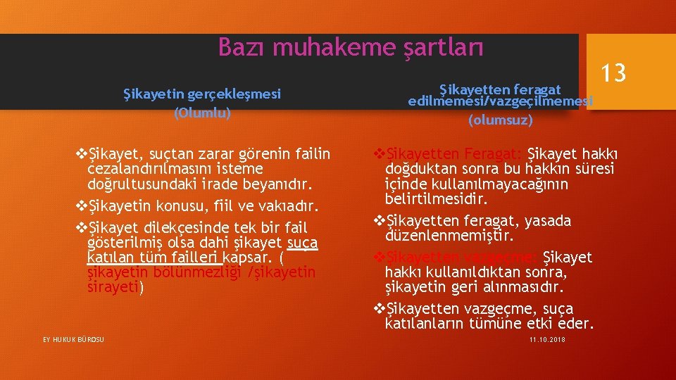 Bazı muhakeme şartları Şikayetin gerçekleşmesi (Olumlu) vŞikayet, suçtan zarar görenin failin cezalandırılmasını isteme doğrultusundaki