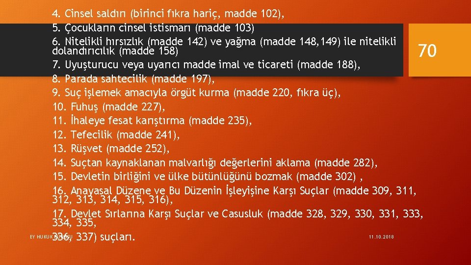 4. Cinsel saldırı (birinci fıkra hariç, madde 102), 5. Çocukların cinsel istismarı (madde 103)