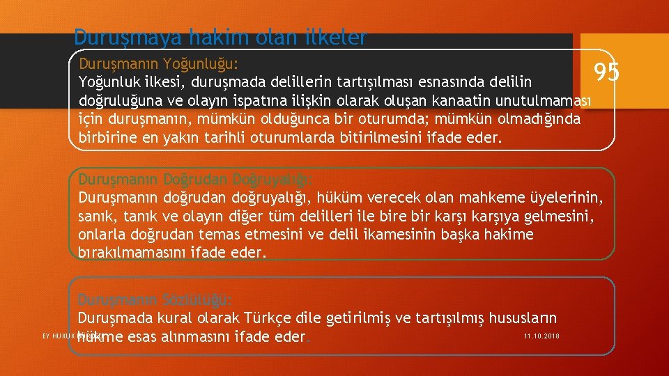 Duruşmaya hakim olan ilkeler Duruşmanın Yoğunluğu: Yoğunluk ilkesi, duruşmada delillerin tartışılması esnasında delilin doğruluğuna