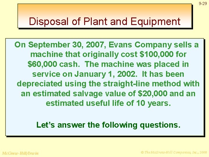 9 -29 Disposal of Plant and Equipment On September 30, 2007, Evans Company sells