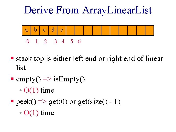 Derive From Array. Linear. List a b c 0 1 2 d e 3 Derive From Array. Linear. List a b c 0 1 2 d e 3