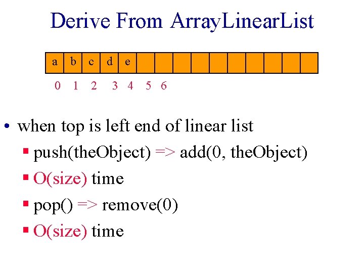 Derive From Array. Linear. List a b c 0 1 2 d e 3 Derive From Array. Linear. List a b c 0 1 2 d e 3