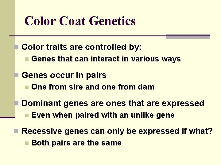Color Coat Genetics n Color traits are controlled by: n Genes that can interact