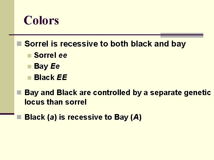 Colors n Sorrel is recessive to both black and bay n Sorrel ee n