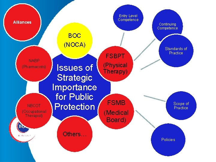 Entry Level Competence Alliances Continuing Competence BOC (NOCA) NABP (Pharmacists) NBCOT (Occupational Therapist) Issues