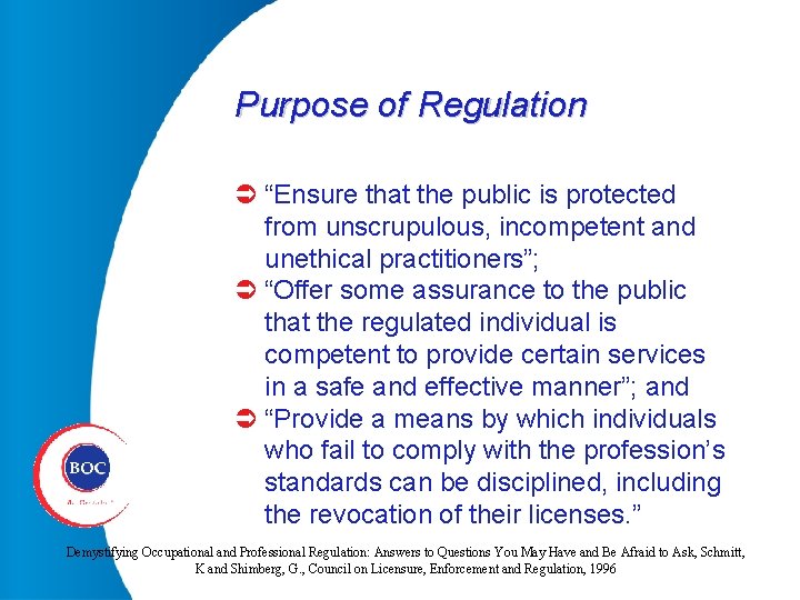 Purpose of Regulation Ü “Ensure that the public is protected from unscrupulous, incompetent and