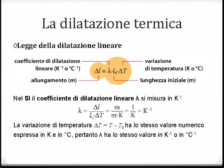 La dilatazione termica 0 Legge della dilatazione lineare Nel SI il coefficiente di dilatazione