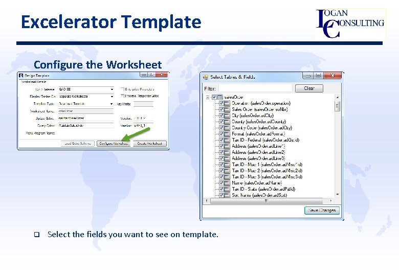 Excelerator Template Configure the Worksheet q Select the fields you want to see on