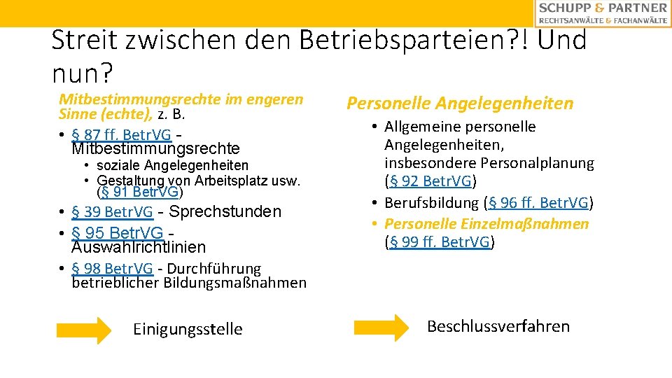 Streit zwischen den Betriebsparteien? ! Und nun? Mitbestimmungsrechte im engeren Sinne (echte), z. B.