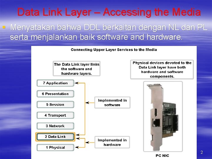 Data Link Layer – Accessing the Media § Menyatakan bahwa DDL berkaitan dengan NL