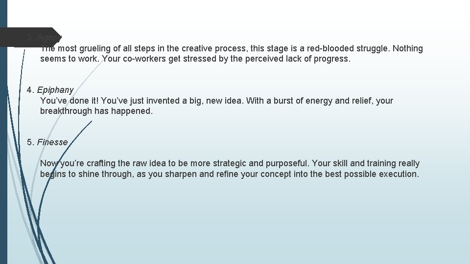 3. Agony The most grueling of all steps in the creative process, this stage