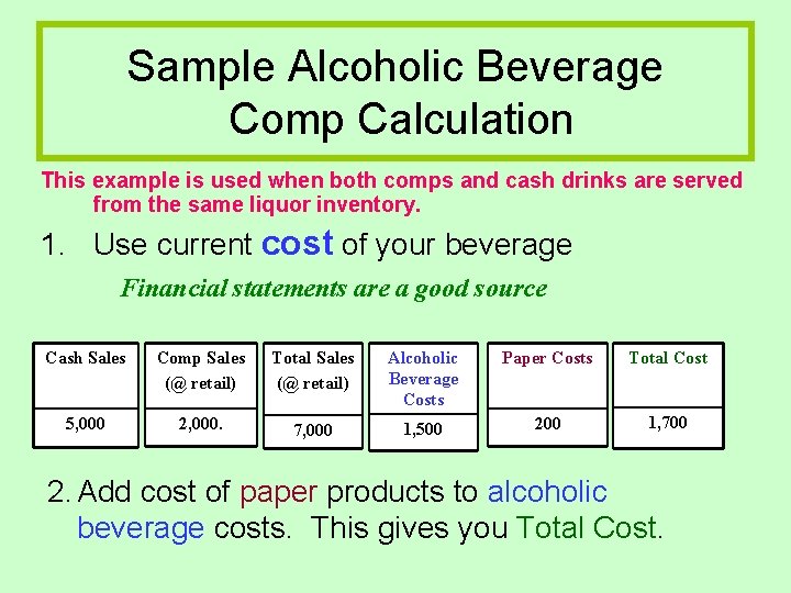 Sample Alcoholic Beverage Comp Calculation This example is used when both comps and cash Sample Alcoholic Beverage Comp Calculation This example is used when both comps and cash